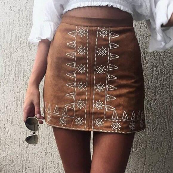 Buckle Dresses & Skirts - Sadie & Sage Brown Suede Embroidered Bohemian Mini Skirt